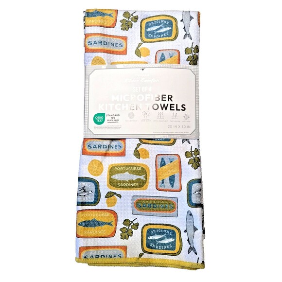 Envogue Microfiber Kitchen Towels Fish Sardine Cans Lemon 4-Pc Cotton Gift NEW - Picture 1 of 3